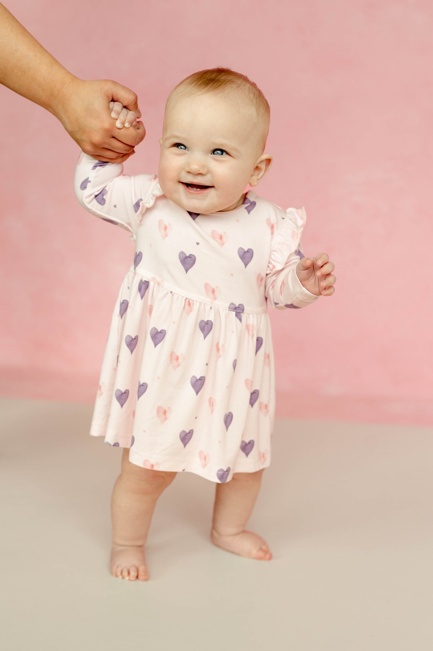 Coccoli Modal Long Sleeve Dress in Hearts on Pink