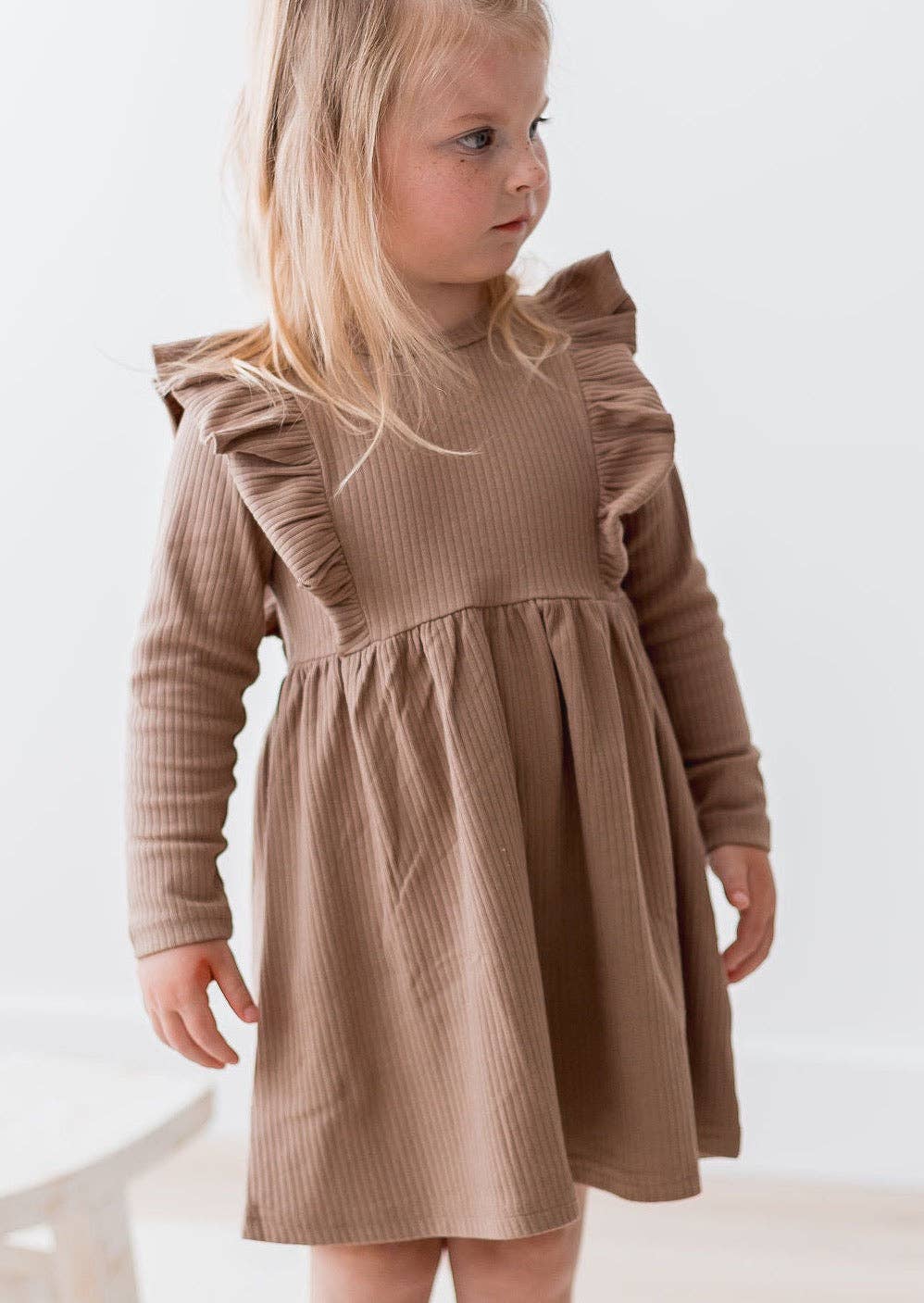 Mila & Co. Ribbed Flutter Dress in Cappuccino
