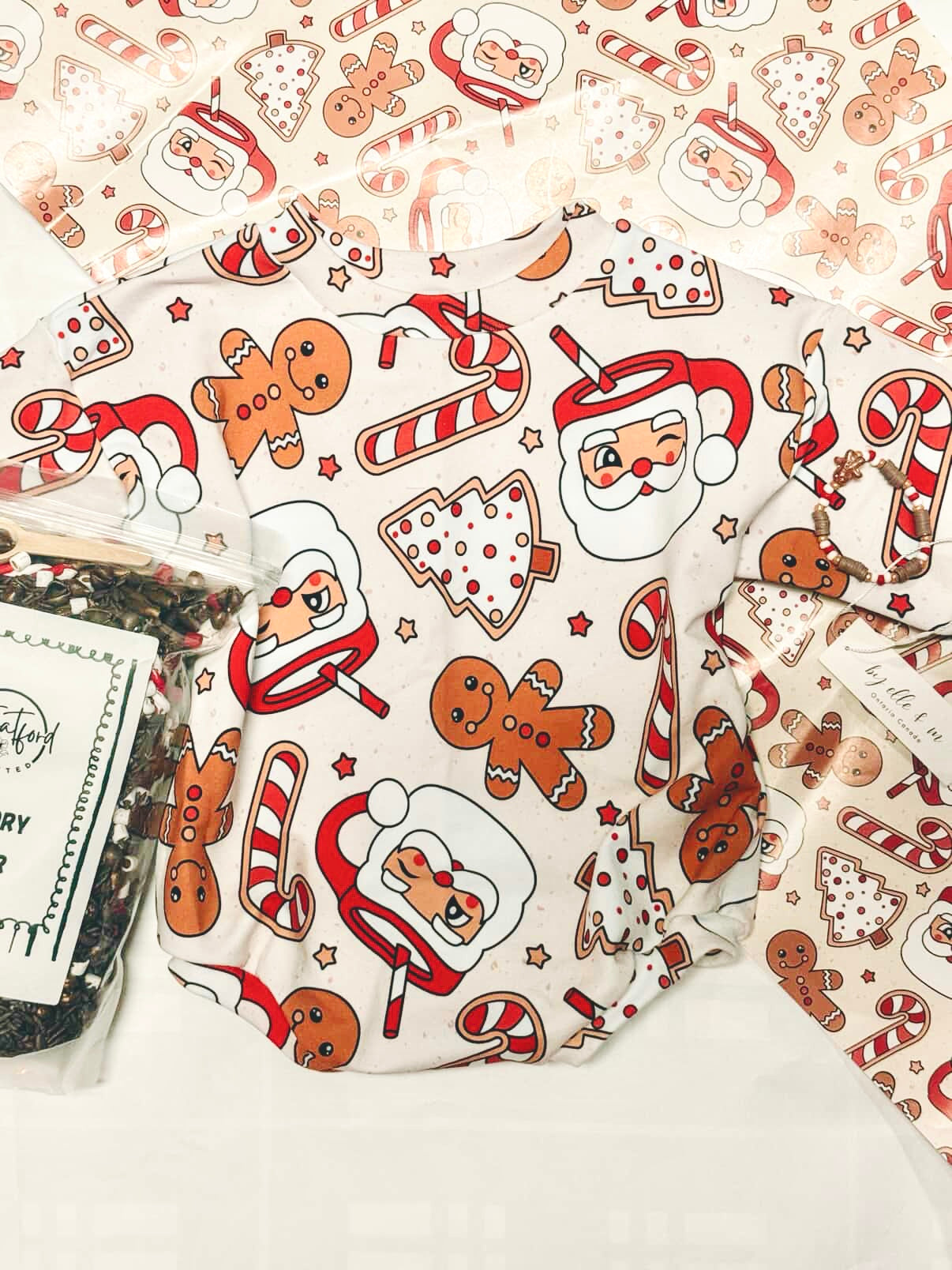 Reeses Little Pieces “Santa Mugs” Long Sleeve Romper
