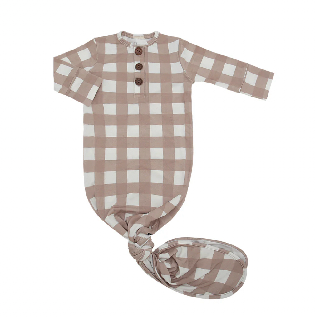 Belan J Knotted Sleep Gown in Taupe Plaid