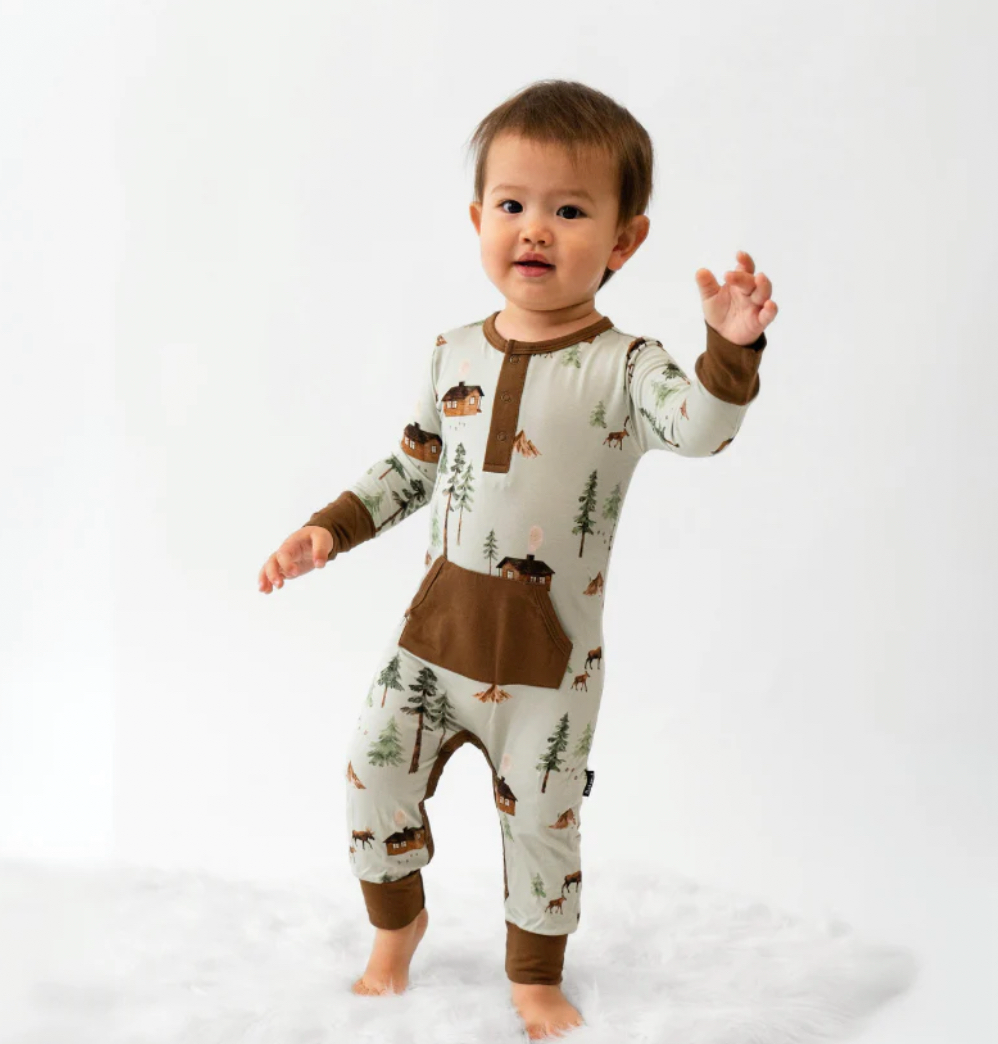 Belan J Long Sleeve Pocket Romper in Moose on Green