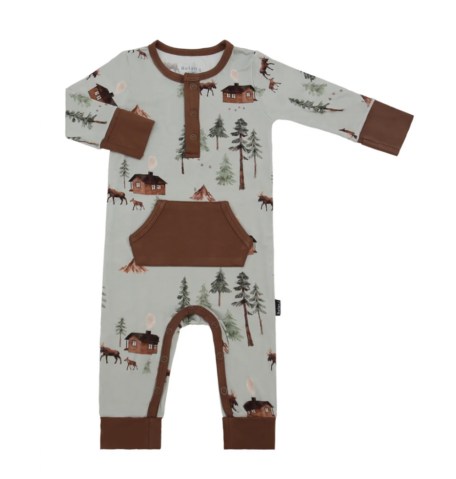Belan J Long Sleeve Pocket Romper in Moose on Green