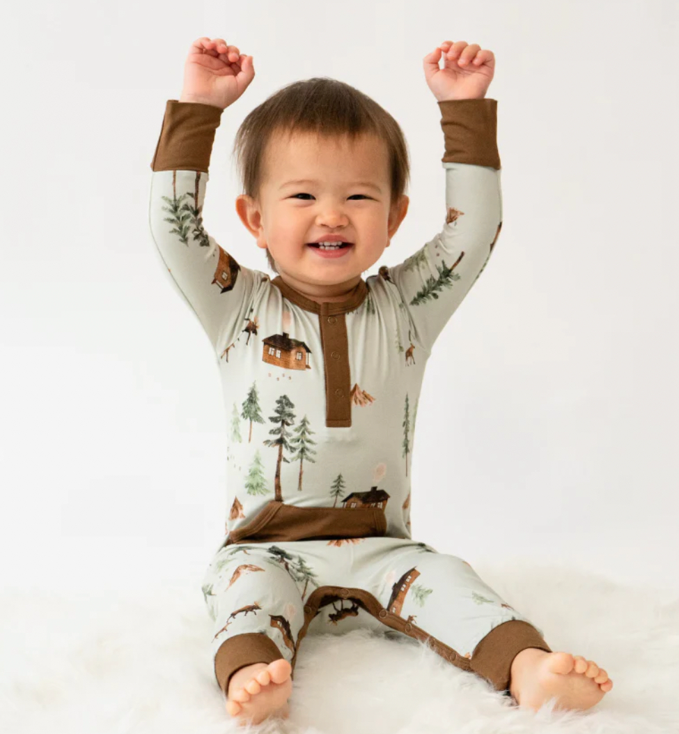 Belan J Long Sleeve Pocket Romper in Moose on Green