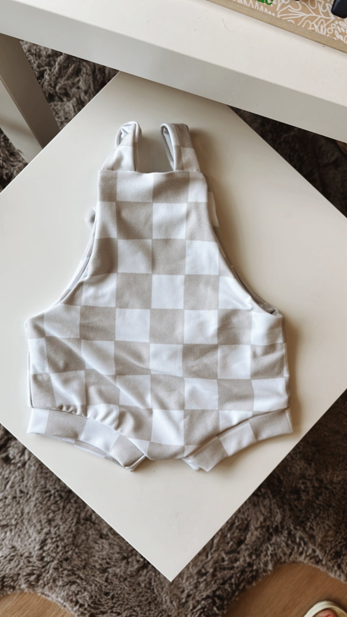 The Custom Elephant Summer Knot Romper in Grey Check