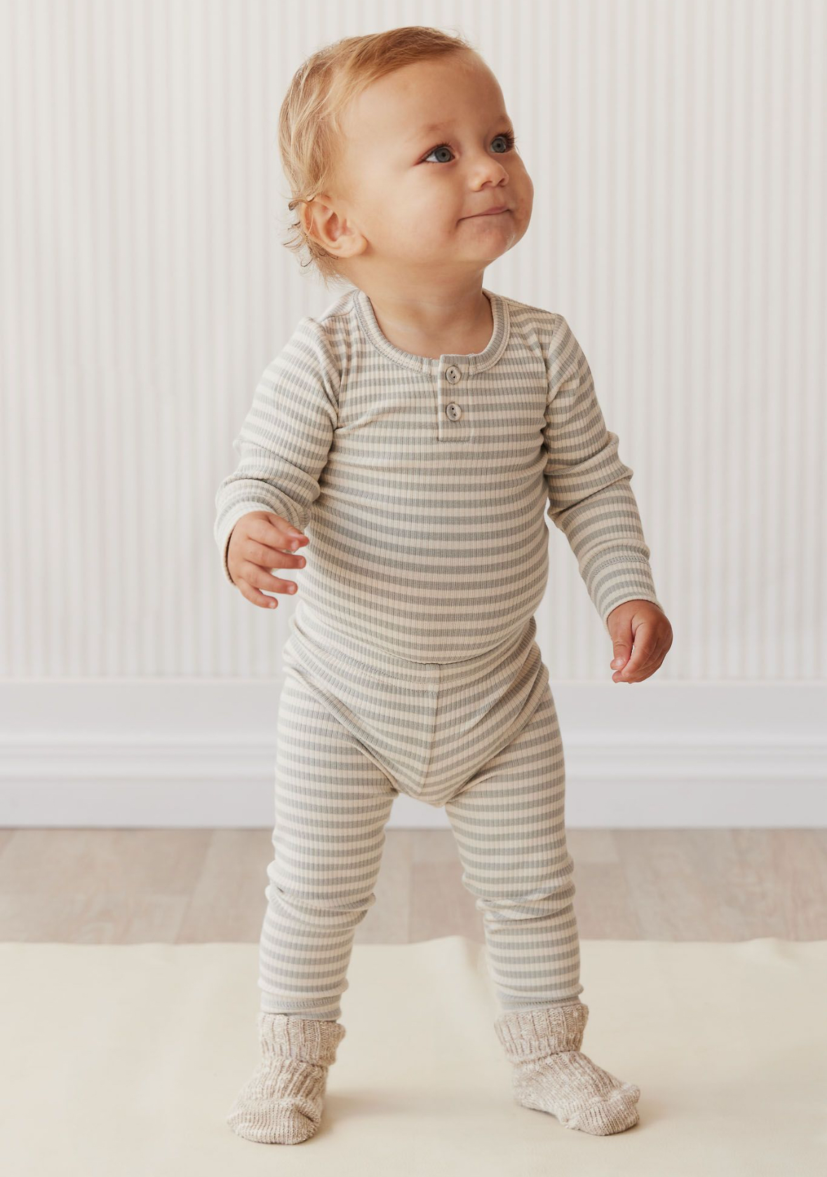 Organic Cotton Modal Long Sleeve Body Suit in Narrow Stripe Willow
