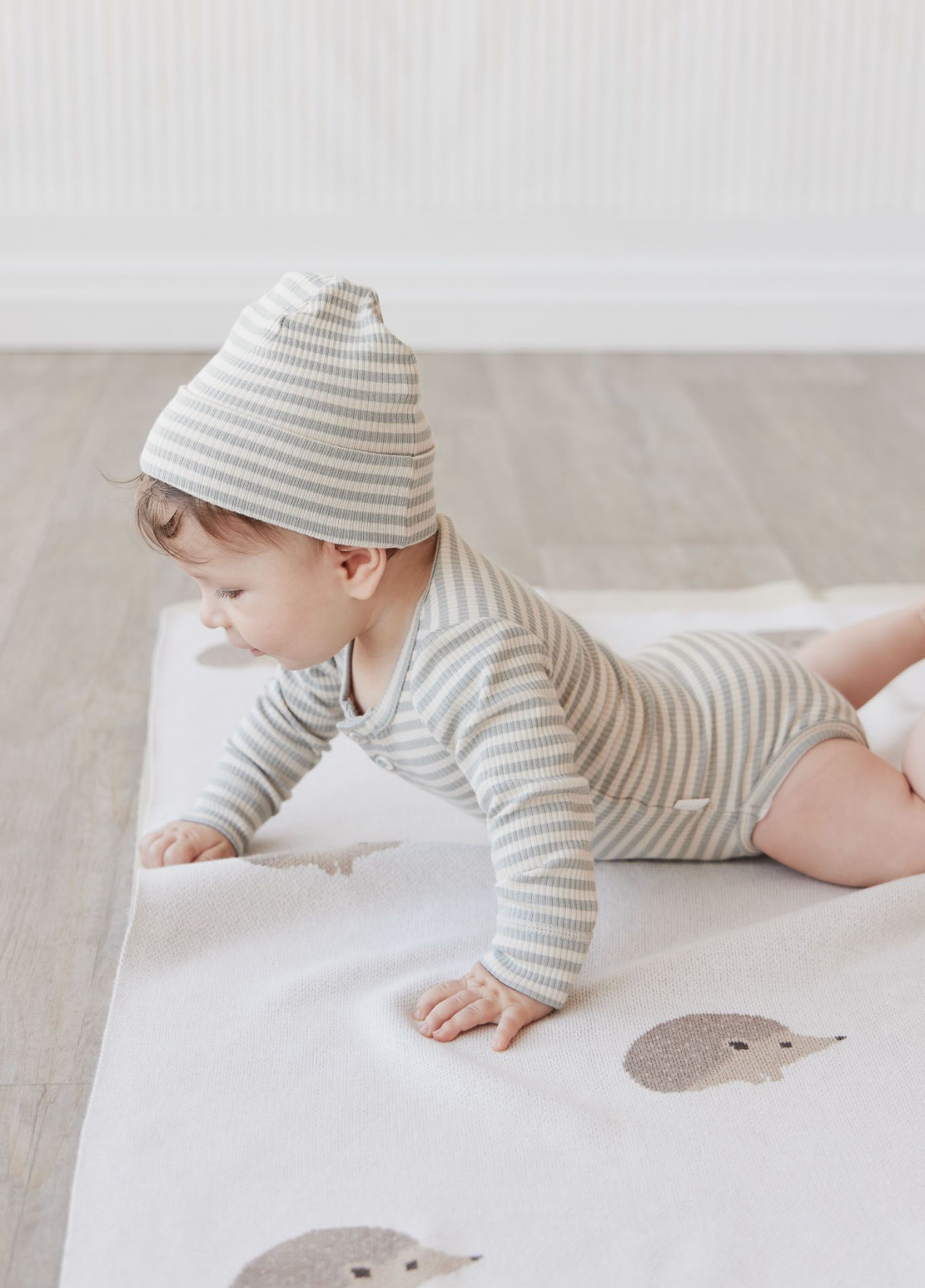 Organic Cotton Modal Long Sleeve Body Suit in Narrow Stripe Willow