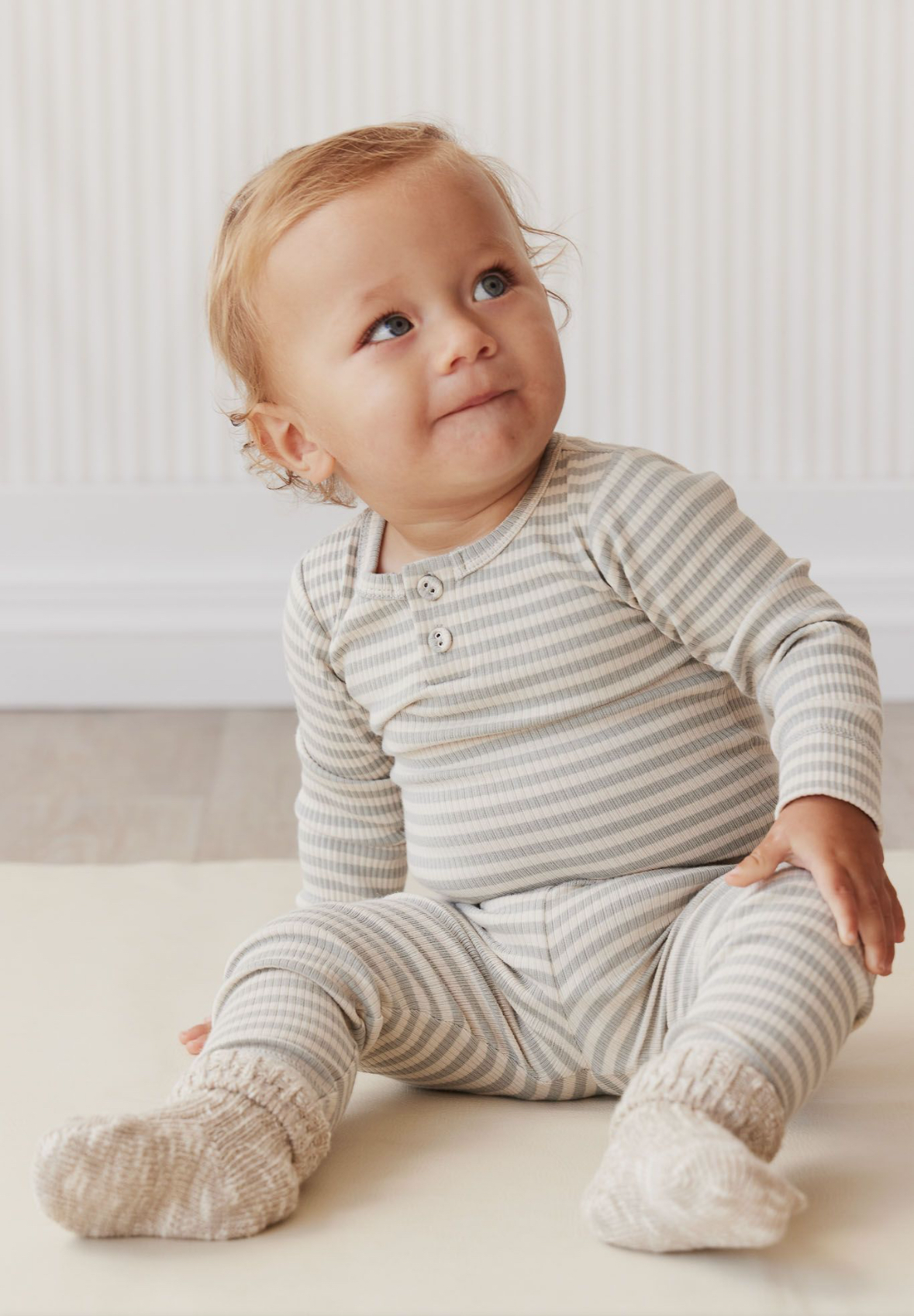 Organic Cotton Modal Long Sleeve Body Suit in Narrow Stripe Willow