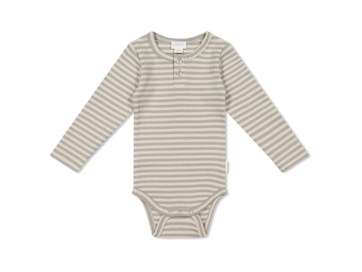 Organic Cotton Modal Long Sleeve Body Suit in Narrow Stripe Willow