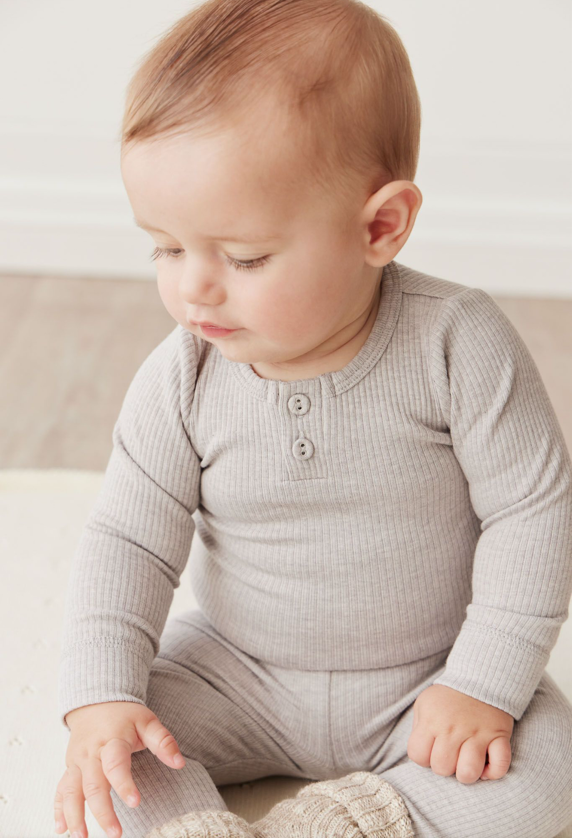 Organic Cotton Modal Long Sleeve Body Suit in Icicle Marle