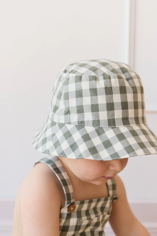 Organic Cotton Bucket Hat in Gingham Grape Leaf