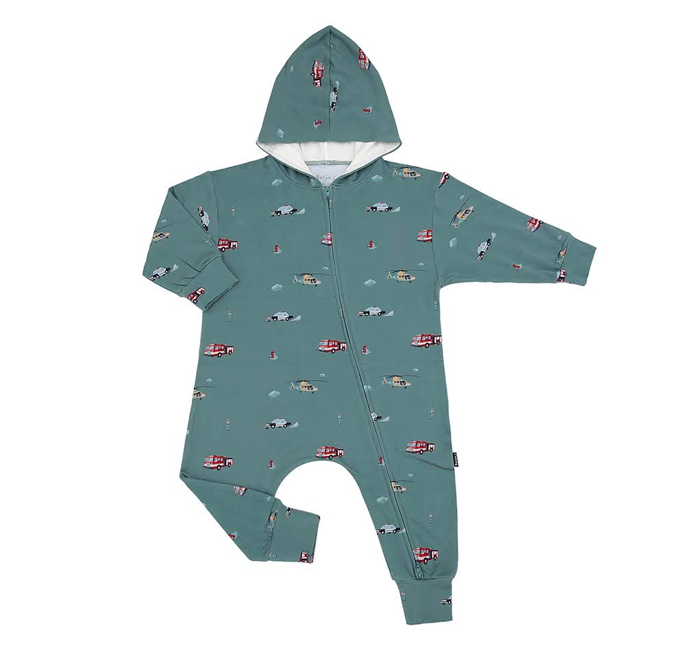Belan J Baggy Hooded Romper in Emergency Vehicles