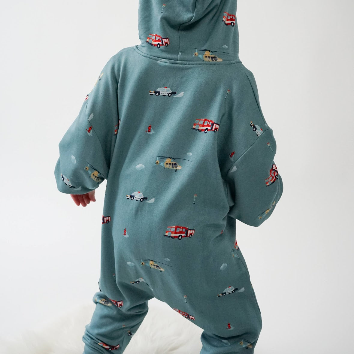 Belan J Baggy Hooded Romper in Emergency Vehicles