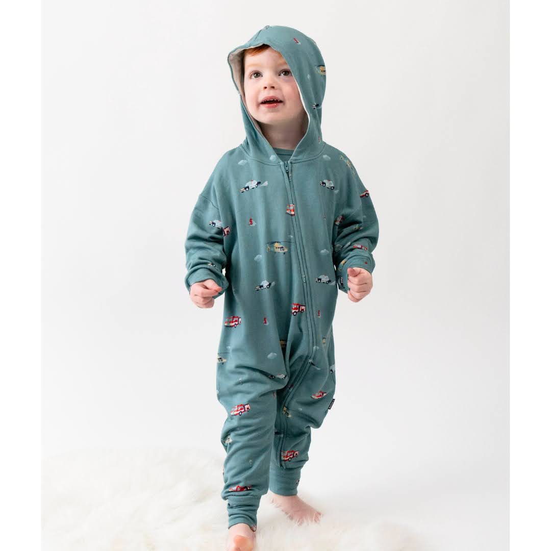 Belan J Baggy Hooded Romper in Emergency Vehicles