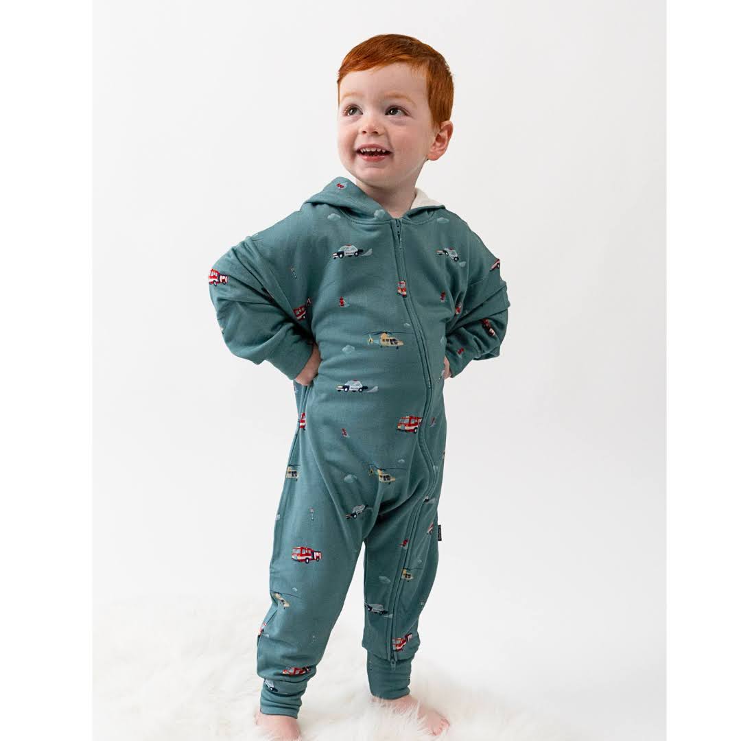 Belan J Baggy Hooded Romper in Emergency Vehicles