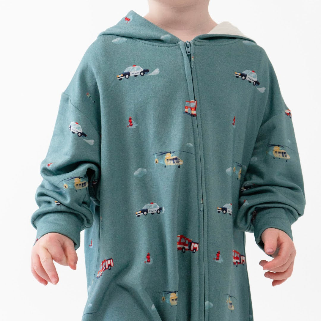 Belan J Baggy Hooded Romper in Emergency Vehicles