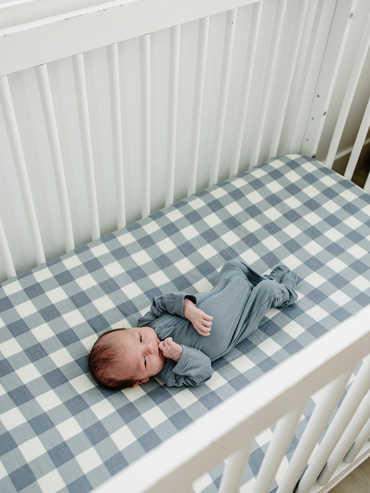 Mebie Baby Muslin Crib Sheet in Dusty Blue Gingham