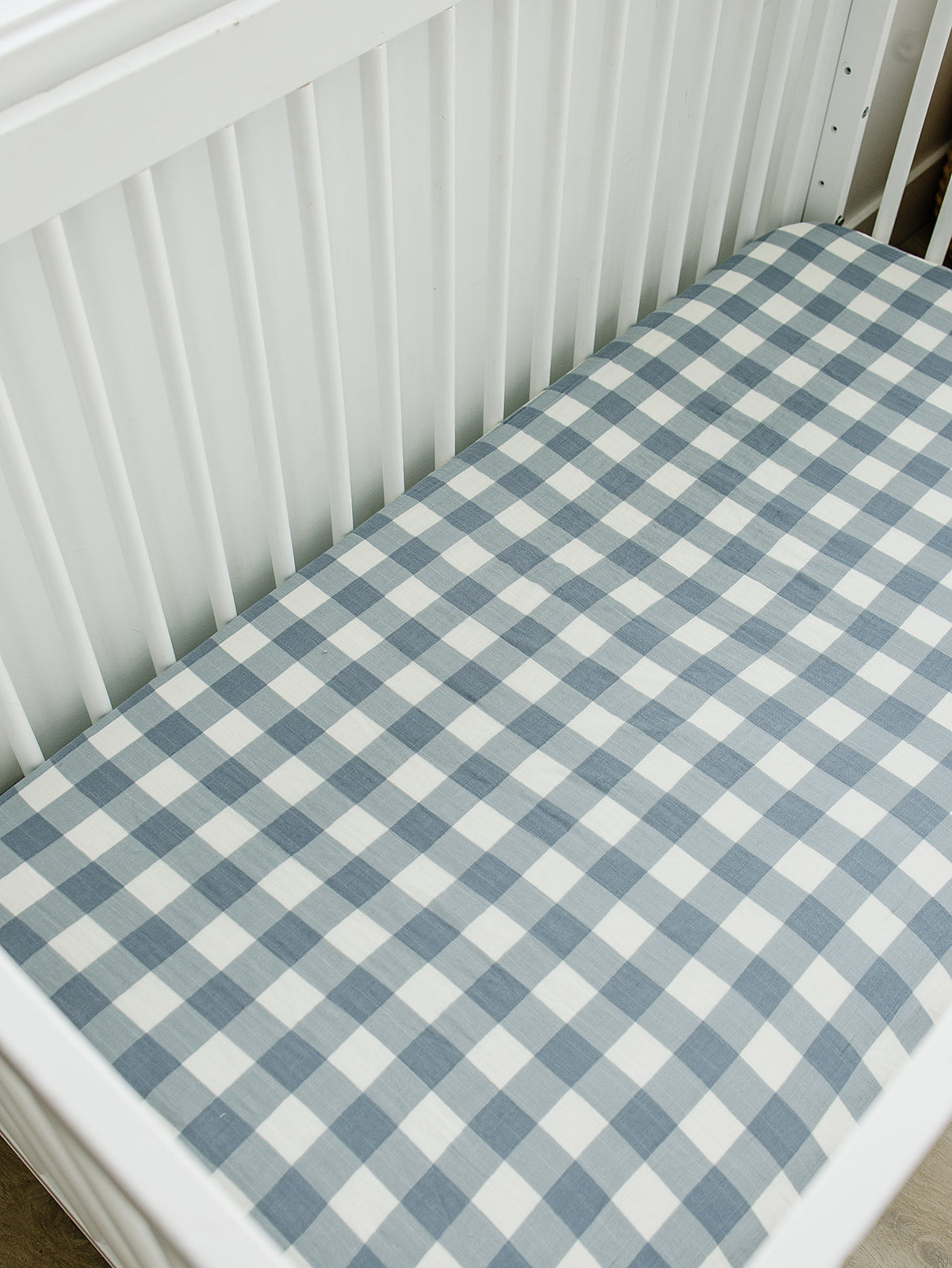 Mebie Baby Muslin Crib Sheet in Dusty Blue Gingham