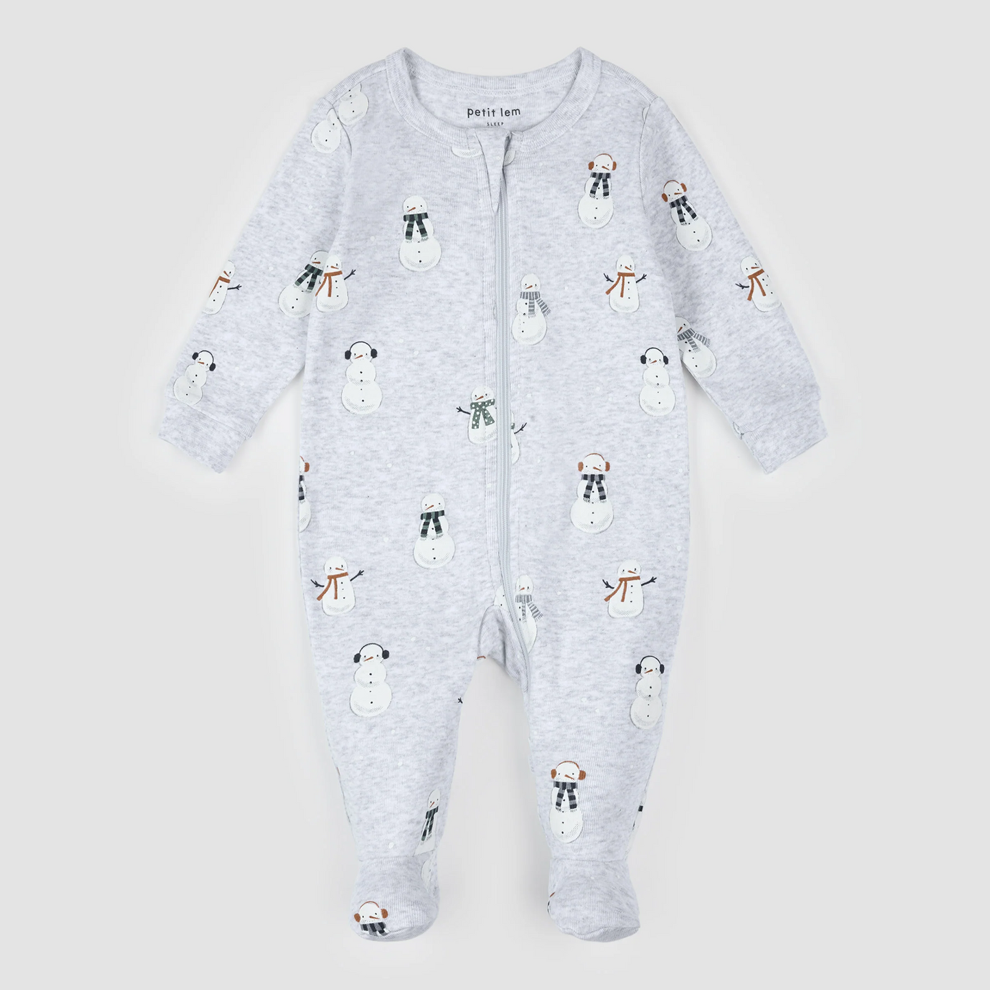 Petit Lem Footed Sleeper in Snowmen on Heather Grey