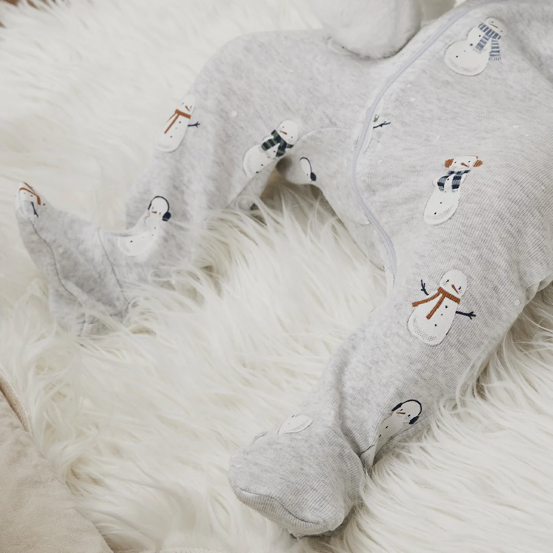 Petit Lem Footed Sleeper in Snowmen on Heather Grey