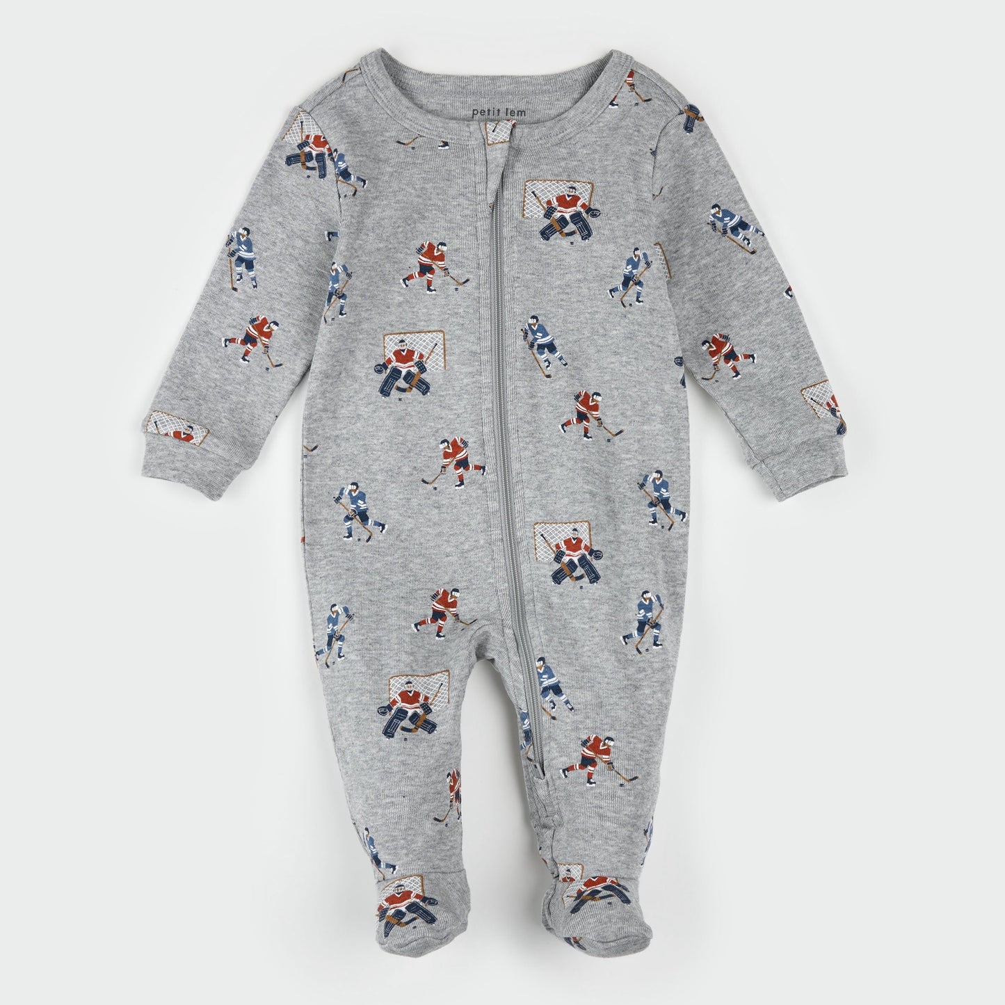 Petit Lem Footed Sleeper in Hockey Players on Heather Grey
