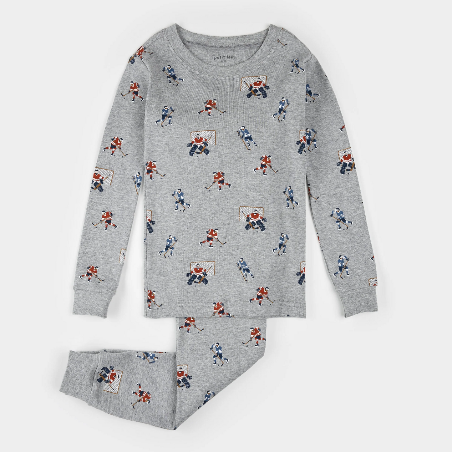 Petit Lem 2 Piece Pj Set in Hockey Players on Heather Grey