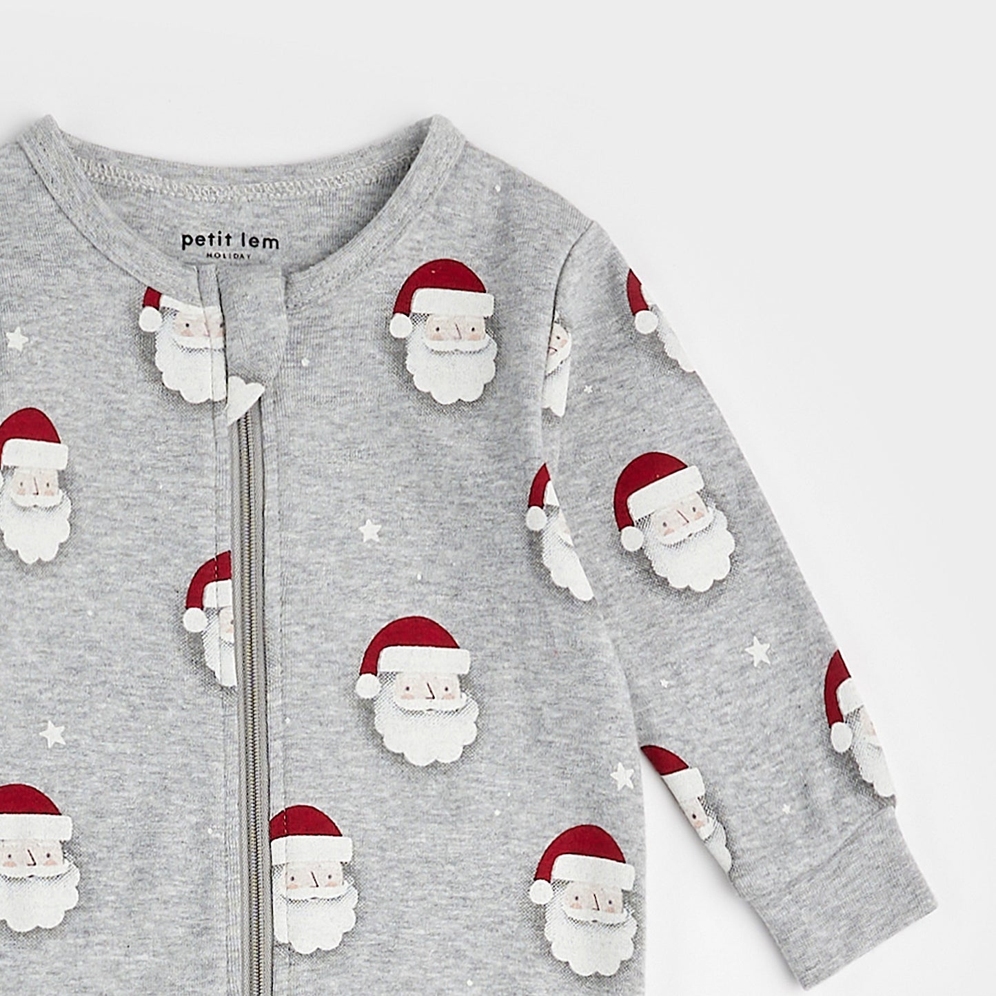 Petit Lem Footed Sleeper in Santa Print on Heather Grey