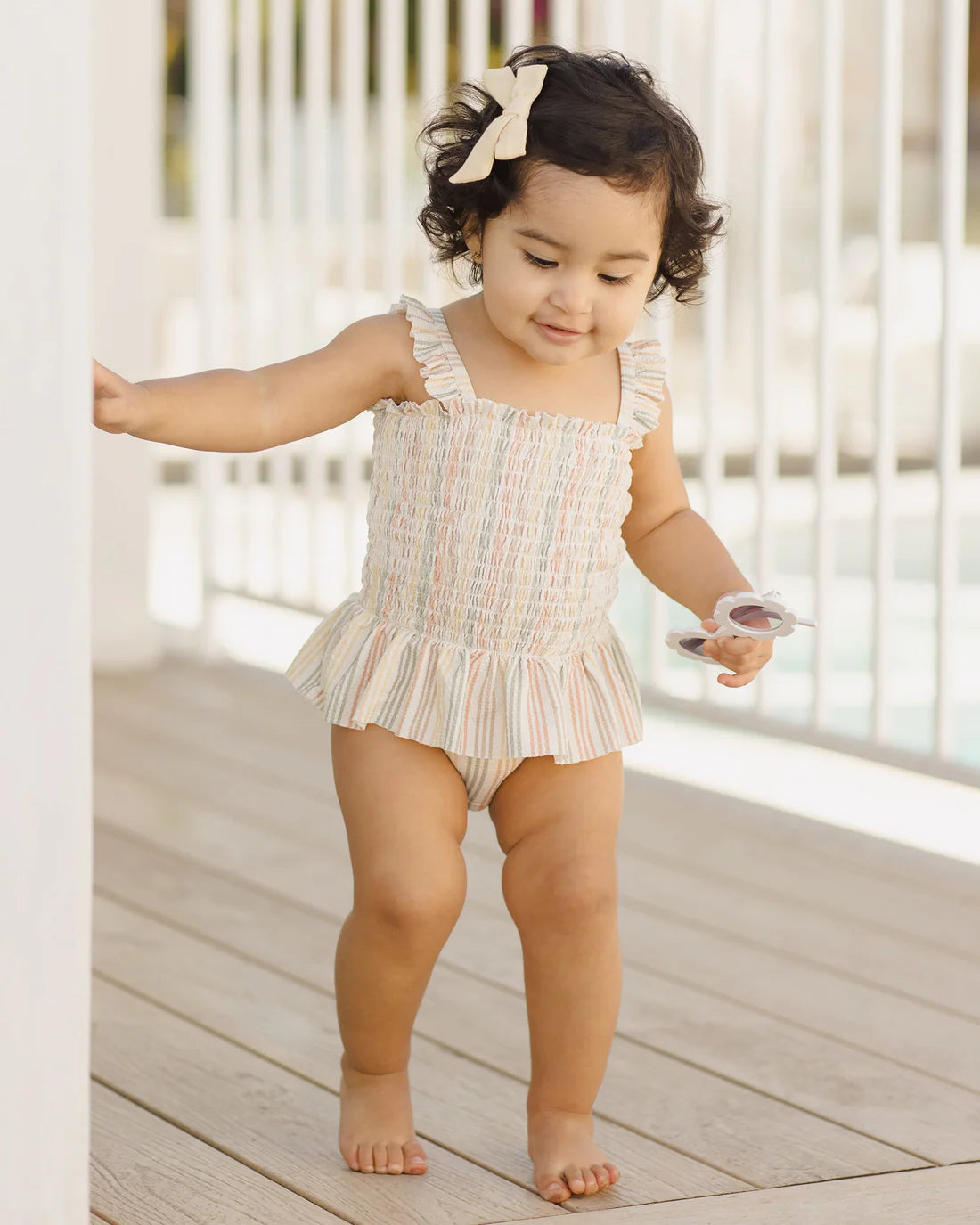 Quincy Mae Smocked One-Piece Swimsuit in Multi-Stripe
