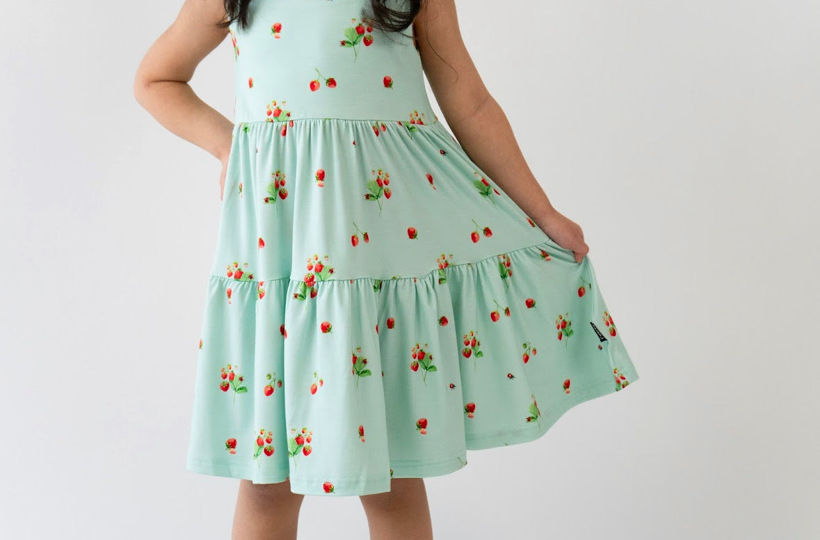 Belan J Ruffled Strap Tiered Dress in Strawberry Garden