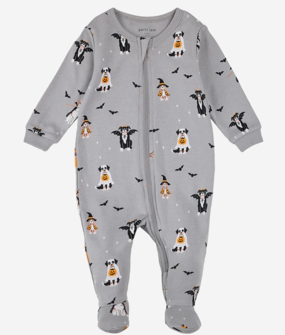 Petit Lem Footed Sleeper in Halloween Dogs
