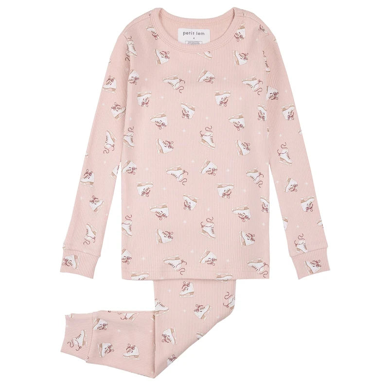 Petit Lem Ribbed 2 Piece Pj Set in Ice Skates on Pink