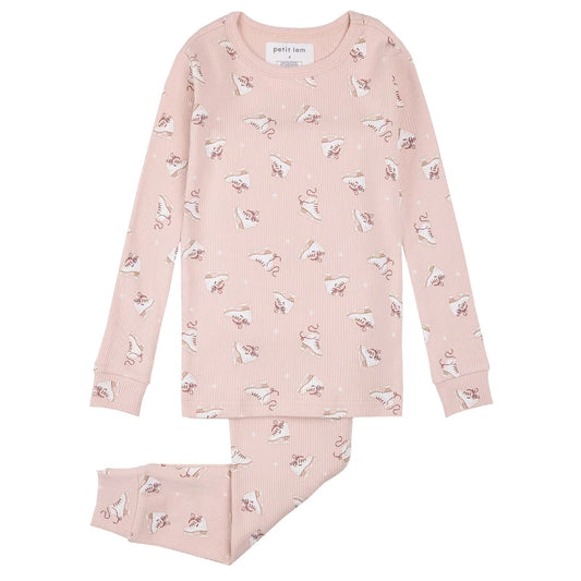 Petit Lem Ribbed 2 Piece Pj Set in Ice Skates on Pink