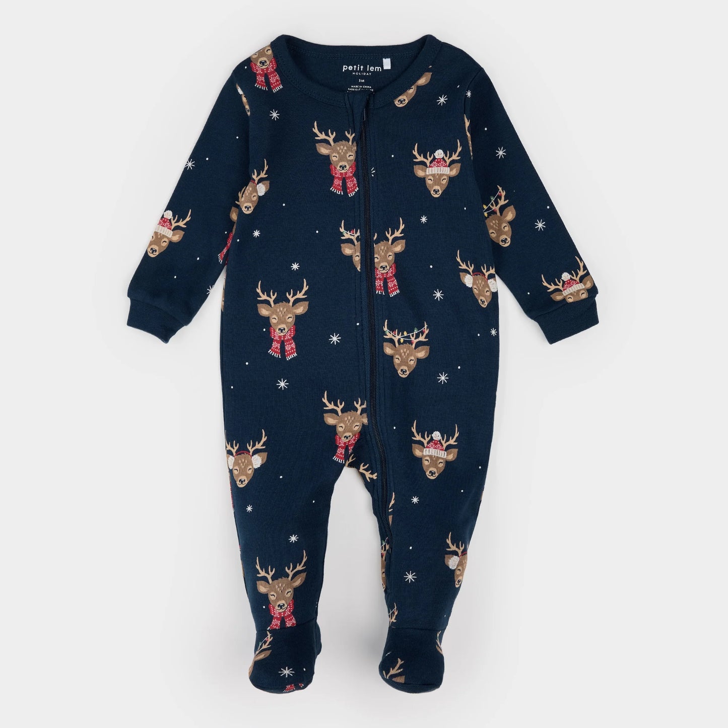 Petit Lem Footed Sleeper in Reindeer Run on Dress Blues
