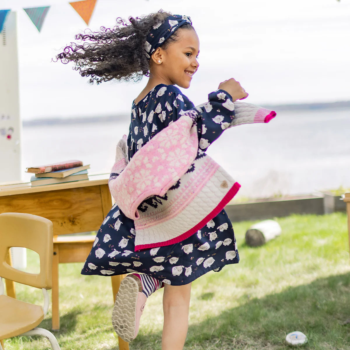 Souris Mini Navy Blue Dress with Sheep Pattern