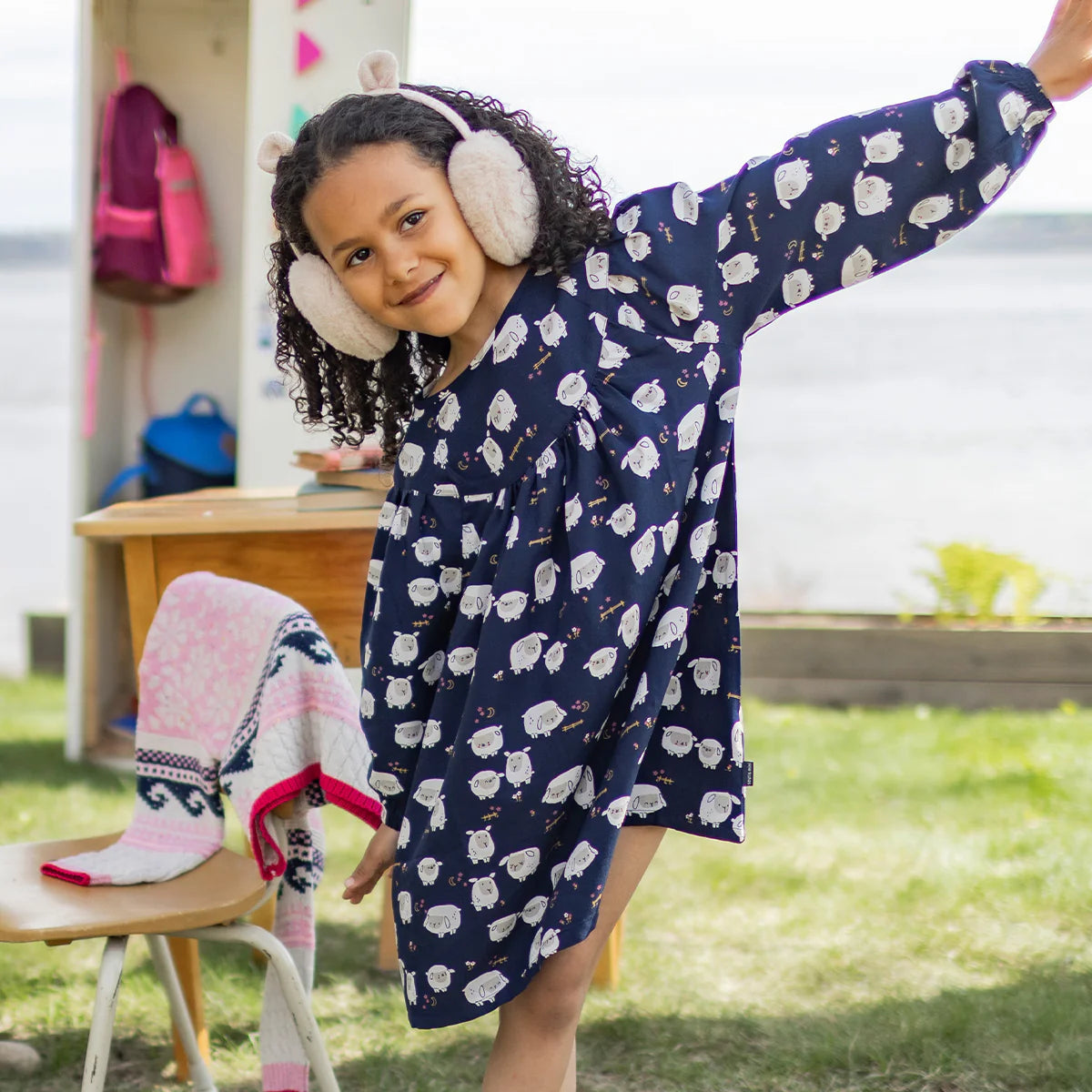 Souris Mini Navy Blue Dress with Sheep Pattern