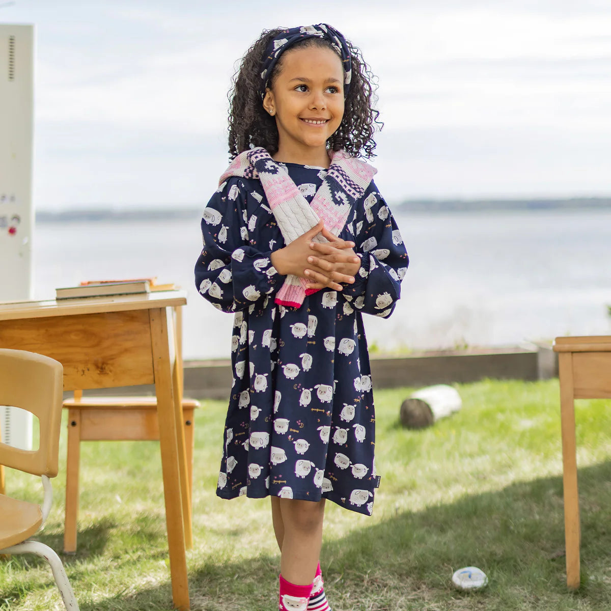 Souris Mini Navy Blue Dress with Sheep Pattern