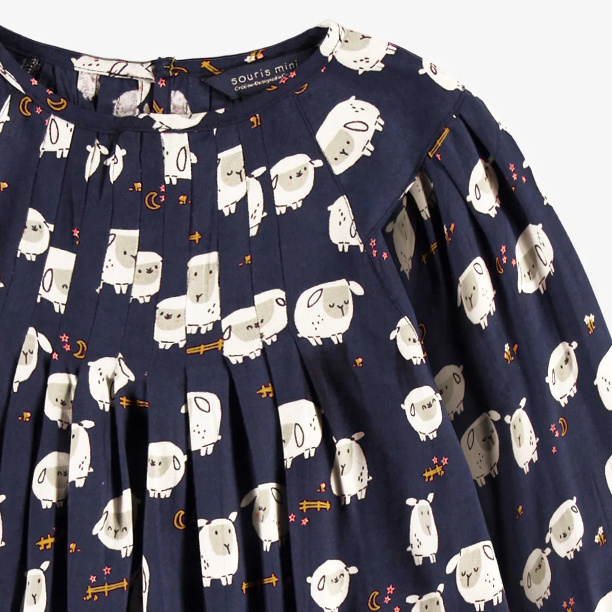 Souris Mini Navy Blue Dress with Sheep Pattern