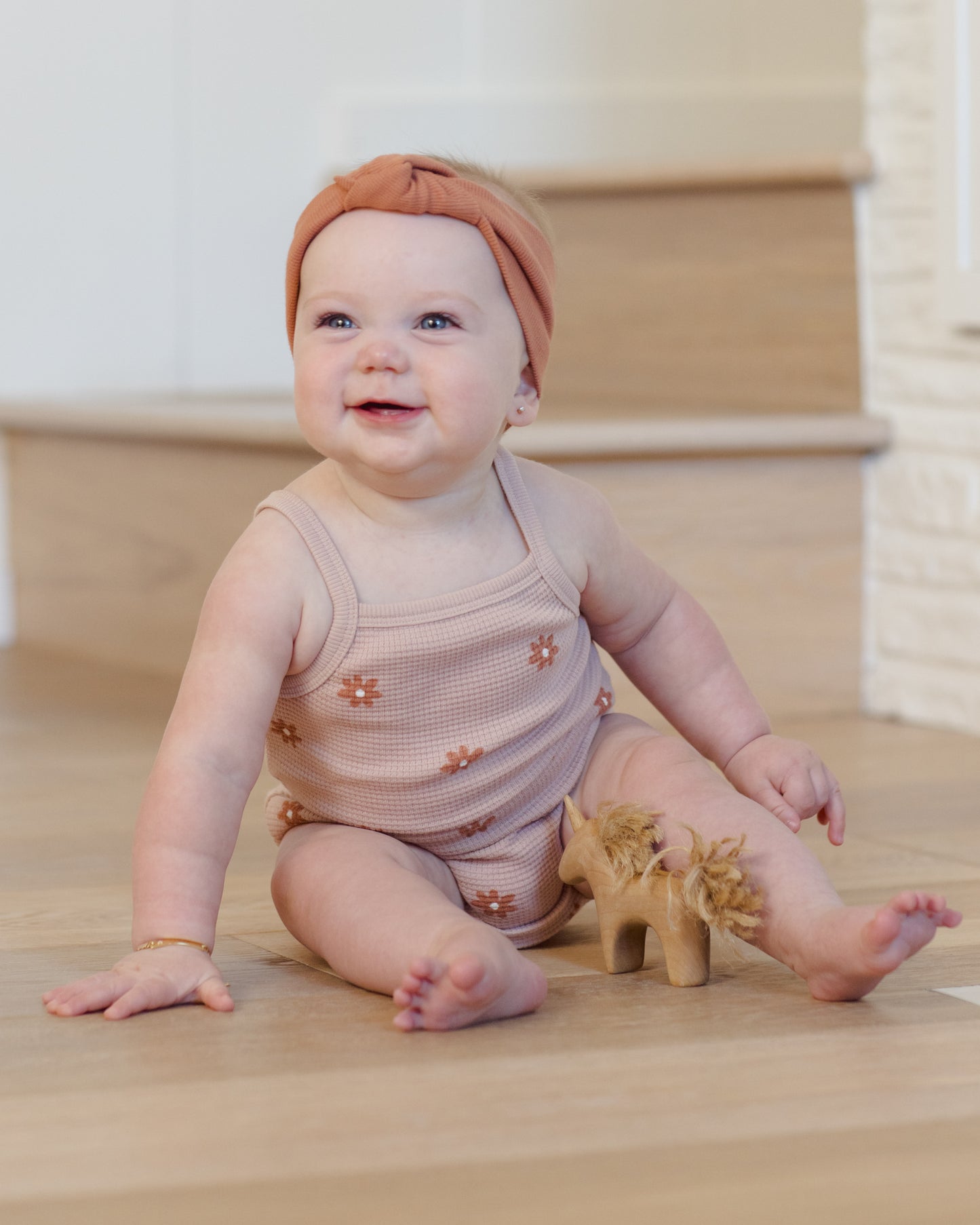 Quincy Mae Waffle Cinch Romper in Pink Daisy