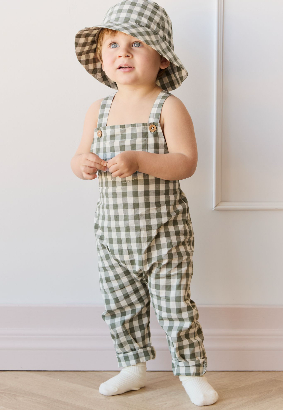 Organic Cotton Kingston Overall in Gingham Grape Leaf