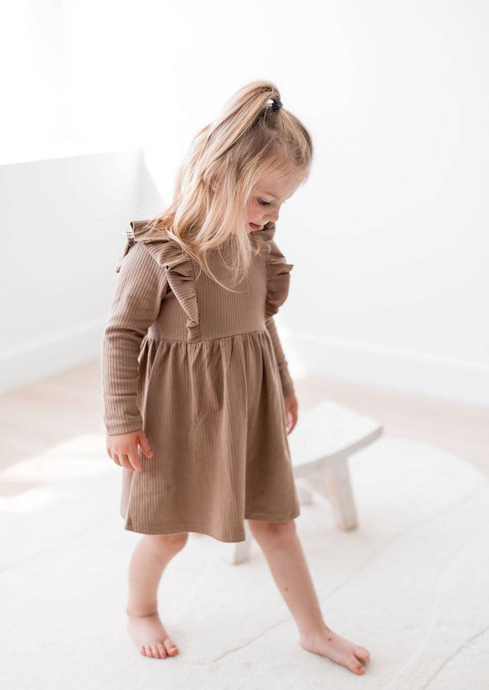 Mila & Co. Ribbed Flutter Dress in Cappuccino