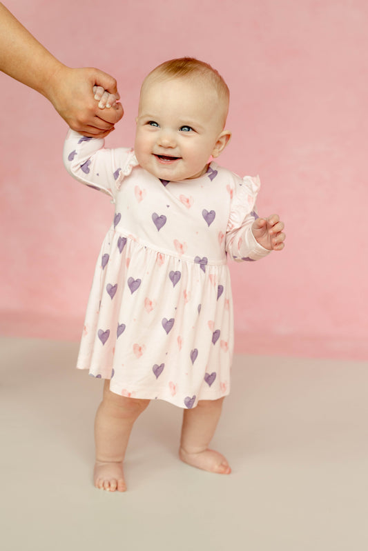 Coccoli Modal Long Sleeve Dress in Hearts on Pink