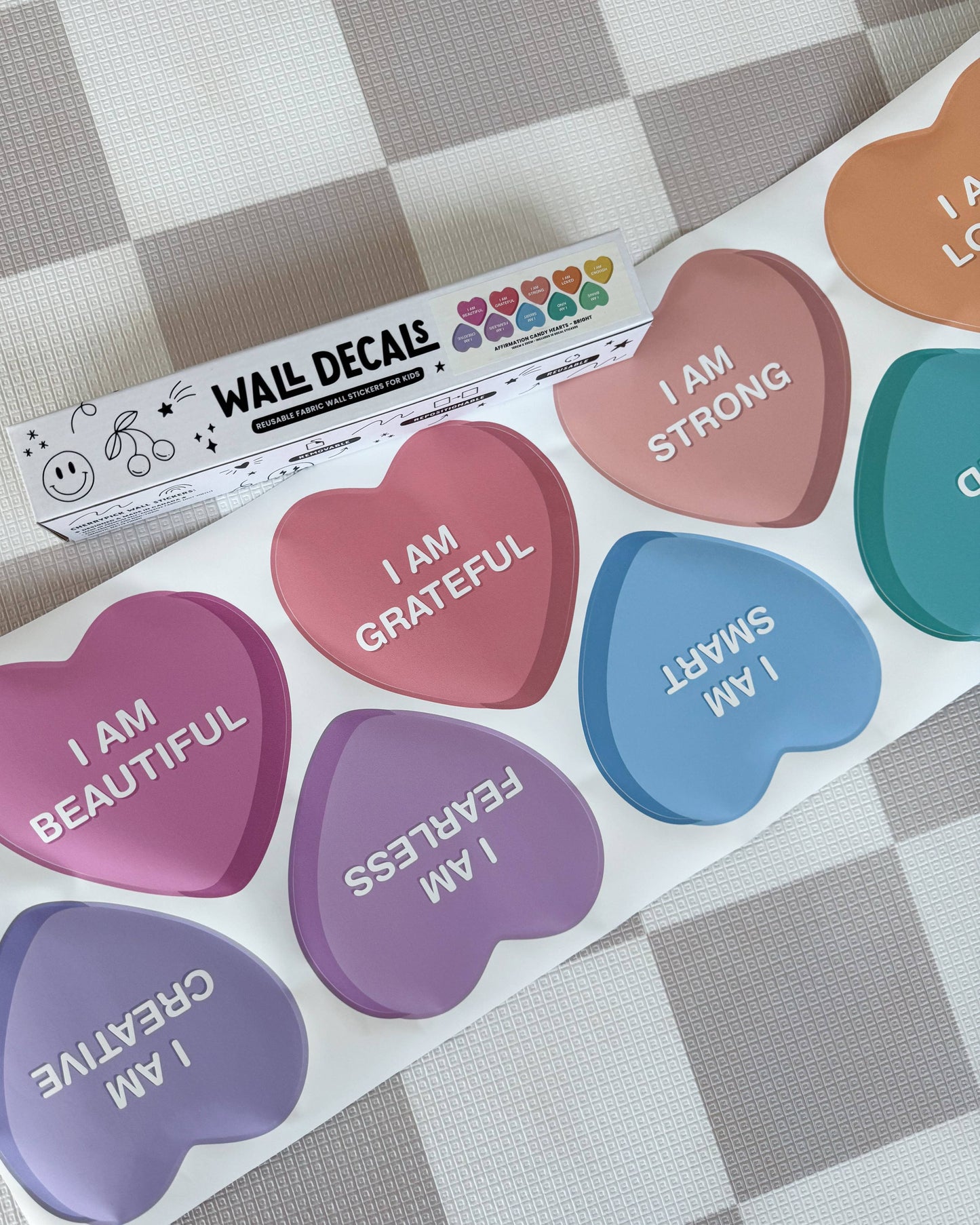 Cherrypick Peel & Stick Fabric Wall Stickers - Affirmation Candy Hearts (Bright)
