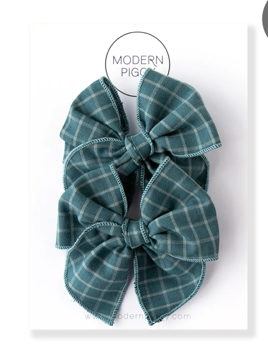 Modern Piggy Petit Pigtail Clip Set in Blue Gingham