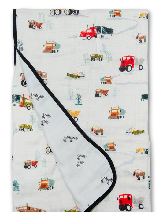 LouLou Lollipop Muslin Quilted Blanket in Happy Trucks
