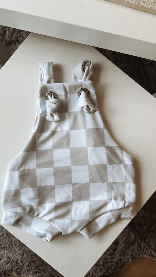 The Custom Elephant Summer Knot Romper in Grey Check