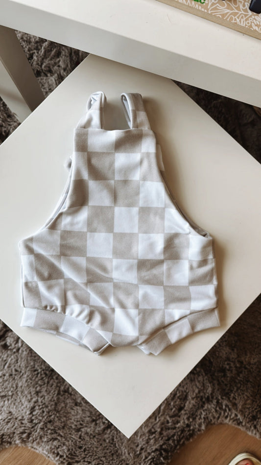 The Custom Elephant Summer Knot Romper in Grey Check