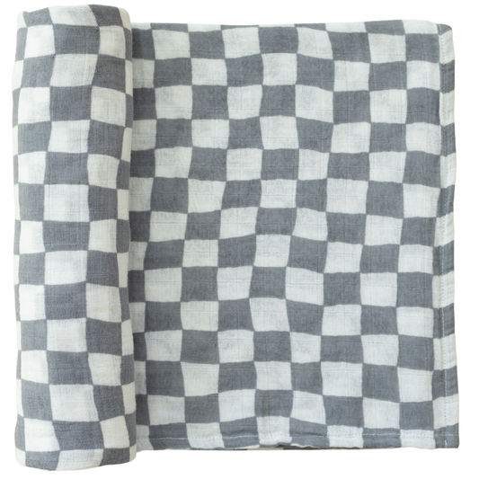 Mebie Baby Dusty Blue Wavy Checkered Muslin Swaddle Blanket