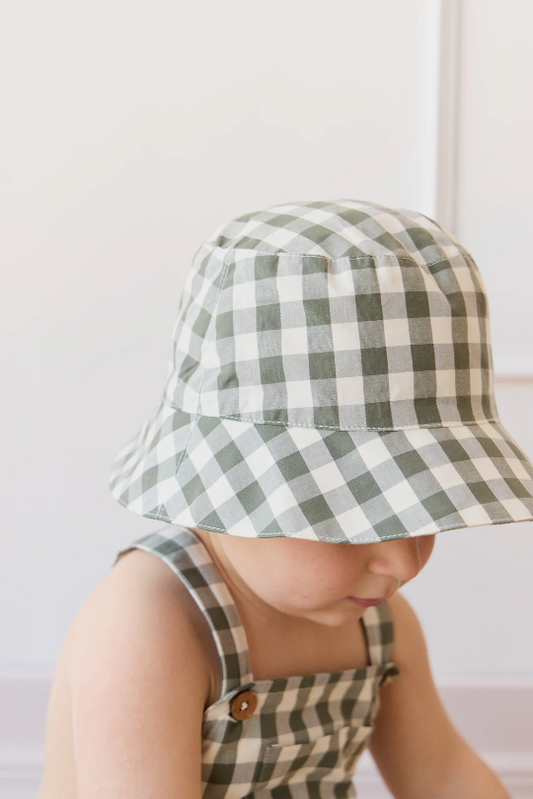 Organic Cotton Bucket Hat in Gingham Grape Leaf