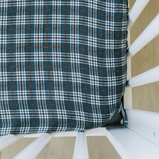 Mebie Baby Muslin Crib Sheet in Navy Plaid