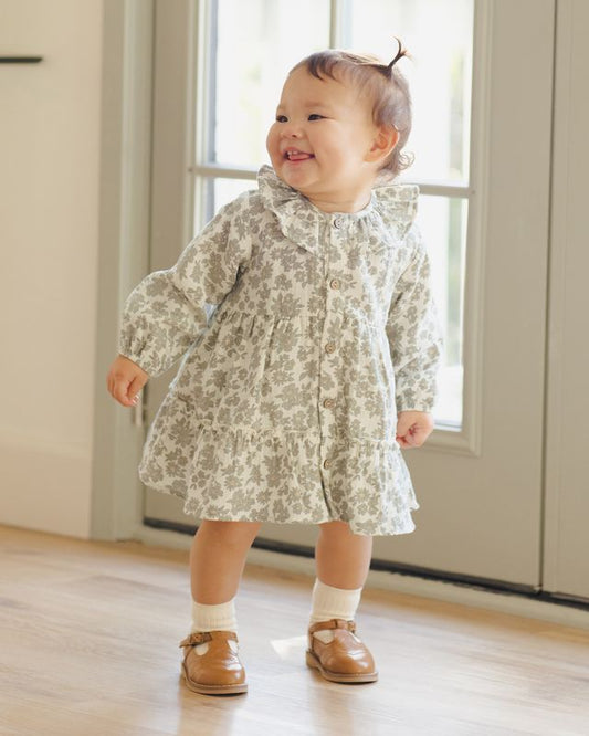 Quincy Mae Ruffle Collar Button Dress in Green Floral