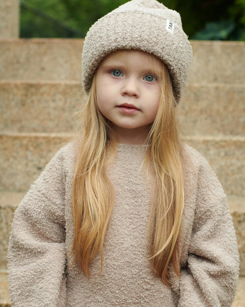 7AM Enfant Fuzzy Ribbed Beanie in Taupe